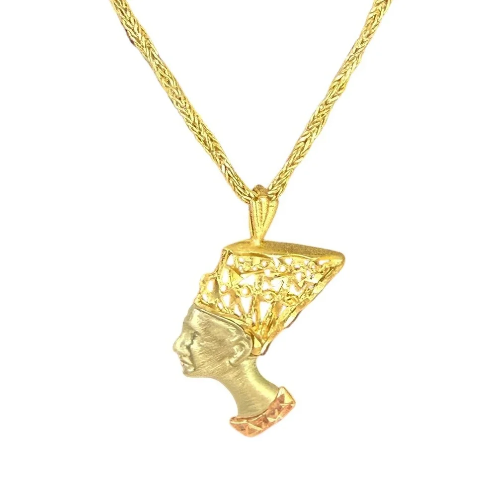 14K Tri Color Queen Nefertiti Pendant Necklace 18 Inch Italian Wheat Chain - Picture 1 of 10